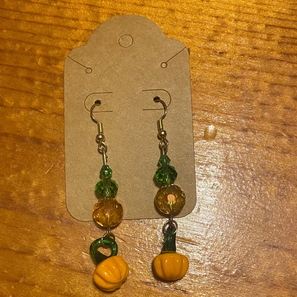 Autumn Harvest Green and Gold Pumpkin Lampwork Earrings